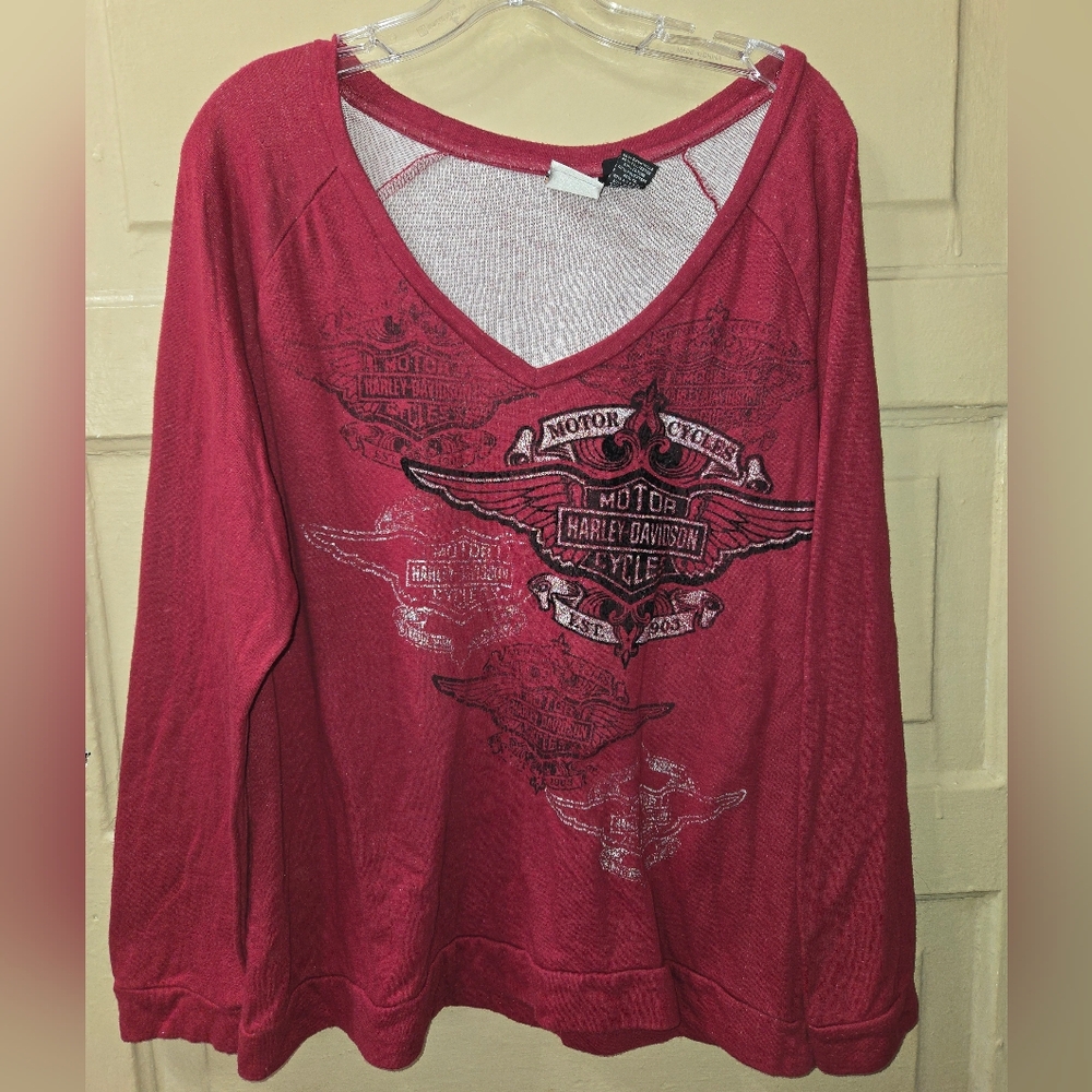 Harley-Davidson Women's Deep Red V‑Neck Graphic Pullover